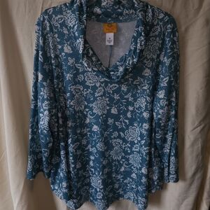 Ruby Rd. Teal and White Floral Long Sleeve Top